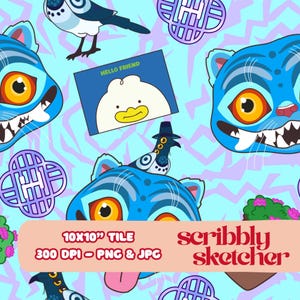 May include: A repeating pattern featuring cartoon blue tiger faces, birds, and a card that says "HELLO FRIEND" on a light blue background. The image also includes text that says "10x10" TILE" and "scribbly sketcher".