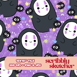 May include: A repeating pattern featuring cartoon characters with white masks and black bodies, set against a purple background with colorful star shapes. The image includes the text "10x10" TILE" and "scribbly sketcher".