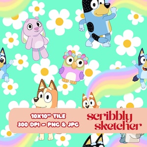 May include: A seamless pattern featuring cartoon characters, daisies, and rainbows on a teal background. The design includes a pink bunny, an owl, and several dog-like characters. The text "10x10" Tile" and "scribbly sketcher" is also present.