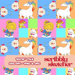May include: A vibrant repeating pattern with cartoon unicorns, dolls, cats, and Santa Claus-like characters. The design includes the text "10x10" TILE" and "scribbly sketcher". The background is divided into squares of pink, blue, orange, and green.