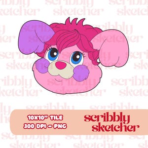 May include: A cartoon illustration of a pink dog-like character with large blue eyes, purple accents, and pink hair. The image includes the text "scribbly sketcher" and tile dimensions.