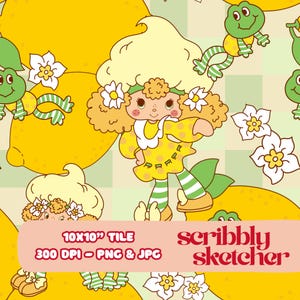 Könnte beinhalten: Ein sich wiederholendes Muster mit einer Zeichentrickfigur mit zitronenförmigem Haar, einem gelben Kleid und grün-weiß gestreiften Socken. Das Design umfasst Zitronen, weiße Blumen und grüne Frösche. Der Text "10x10" Tile" und "scribbly sketcher" ist sichtbar.