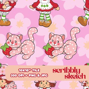 Könnte beinhalten: Ein sich wiederholendes Muster mit Zeichentrickfiguren auf rosa Hintergrund. Das Design umfasst eine rosa Katze, die eine Erdbeere hält, ein Mädchen in einem roten Kleid und rosa Blumen. Der Text "10x10" Tile" und "scribbly sketch" ist ebenfalls sichtbar.