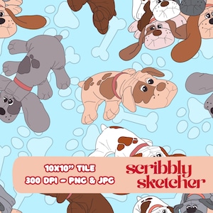 May include: A repeating pattern featuring cartoon puppies in shades of grey, brown, and white, set against a light blue backdrop with paw prints and bone shapes. The image includes the text "10x10" TILE" and "scribbly sketcher".