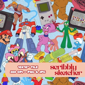 May include: A light blue pattern featuring cartoon characters such as He-Man, Optimus Prime, Mario, and Gumby. Other elements include a Game Boy, Lego bricks, and water guns. The text "10x10" TILE" and "scribbly sketcher" are also present.