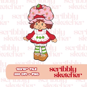 Puede incluir: Ilustración digital de un personaje de dibujos animados, Strawberry Shortcake, con un vestido rojo y un sombrero rosa con detalles de fresas. La imagen incluye el texto "scribbly sketcher" y las dimensiones del azulejo.