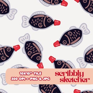 May include: A repeating pattern of stylized soy sauce fish bottles in navy blue, tan, and red on a white background. The image includes the text "10x10" Tile" and "scribbly sketcher".