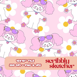 May include: A repeating pattern featuring a cartoon character with pink hair, sunglasses, and a heart-shaped necklace, set against a pink background with white and yellow daisies. The image includes the text "10x10" Tile" and "scribbly sketcher".