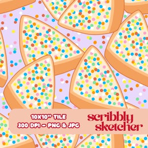 May include: A repeating pattern of cartoon-style frosted cookies with colourful sprinkles on a light purple background. The image includes the text "10x10" TILE", "300 DPI - PNG & JPG", and "scribbly sketcher".