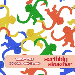 May include: A repeating pattern of colorful cartoon monkeys in yellow, green, blue, and orange on a white background. The image includes text that reads "10x10" TILE 300 DPI - PNG & JPG" and "scribbly sketcher".