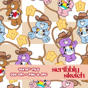 May include: A repeating pattern featuring cartoon bears wearing cowboy hats and vests with various designs. The bears are in shades of brown, blue, purple, and pink, with yellow star-shaped accents and rope-like lines. The text "10x10" Tile" is visible.