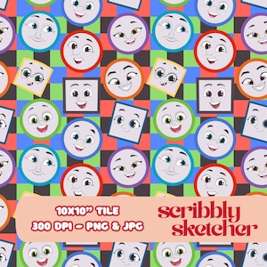 May include: A repeating pattern featuring cartoon faces in circles and squares on a checkered background. The faces have different expressions and colors. The image includes the text "10x10" TILE" and "scribbly sketcher".