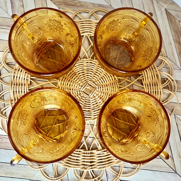 Vintage Amber Tea Cup Set of 4 | Vintage Tiara Amber Glass | Amber Mugs