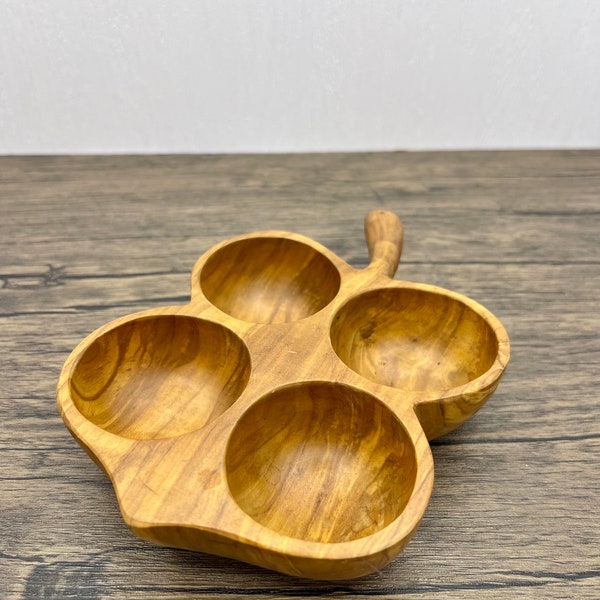 Vintage Teak Bowl Wood Bowl | Vintage Monkey Pod Serving Tray Hand Carved Wood 4 Compartments Dish | Boho Jewelry Tray