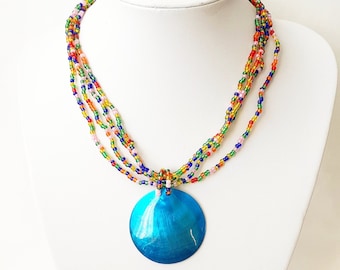 Boho Necklace  Handmade with Genuine Shell Disc Pendant Multicolour Beads- Green Length 15"-17" also in Purple, Golden-Brown, Pink and Blue