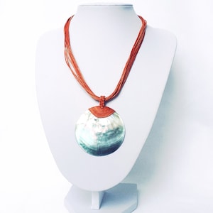 Women Statement Necklace Gift Fibre Cord on Sea Shell Disc Pendant-6cm Diameter-Handmade in Blue, Lavender, Red,Ecru Orange-48/50cm,