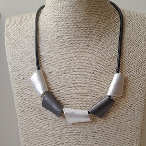 Statement Necklace Matt Grey and Silver Panels on Leather Cord Jewellery Gift Adjustable Length 48 cm + 8 cm Extension Chain Bib Casual