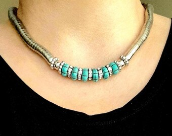 Silver Snake Statement Necklace with Turquoise Beads, Bendy Collar Jewellery