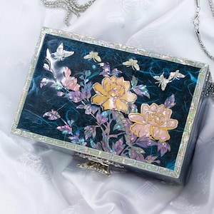 May include: A rectangular clutch bag featuring a dark teal, marbled surface inlaid with iridescent mother-of-pearl floral and butterfly motifs. The edges are framed with a geometric border, and a metallic clasp is visible at the bottom center.