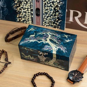 Mother of Pearl Blue Korean Pine tree Jewelry Box Lacquer Wooden Storage with Mirror