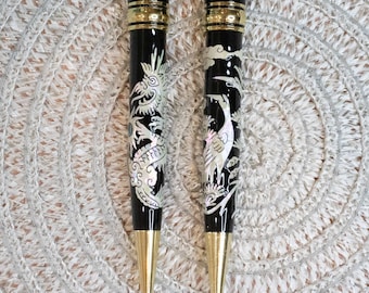 Handcrafted Mother of Pearl ballpoint Pen: Dragon Crane Design Exotic Handmade Black ink