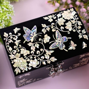Mother of Pearl butterfly box Wooden Storage Ring holder Handcrafted box Black lacquer Korean Gift for girls best friend