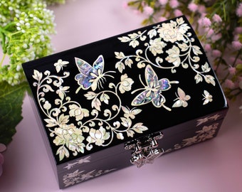 Mother of Pearl butterfly box Wooden Storage Ring holder Handcrafted box Black lacquer Korean Gift for girls best friend