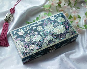 Mother of pearl Blue Korean jewelry Box: Wood Shell Keepsake Flower asian Lacquer Inlay