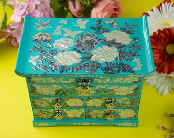 Aqua flowers Mother of pearl Lacquered Wood jewelry box Hand painted Jewerly keepsake Ablone shell handcrafted gifts