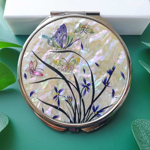 Porte-monnaie pour femme en nacre, miroir orchidée, compact, grossissant, miroir perlé, taille compacte, cadeaux d'amis