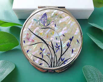 Mother of Pearl Orchid Compact Hand Mirror Double Sided Pocket Size Makeup Magnifying Cosmetic Purse
