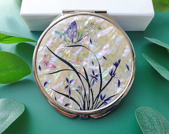 Mother of pearl women Makeup purse Orchid mirror Magnifying hand compact Pearl Mirror Compact Size Gifts From Friends