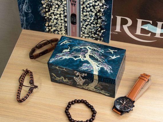 Mother of Pearl Blue Korean Pine tree Jewelry Box Lacquer Wooden Storage with Mirror