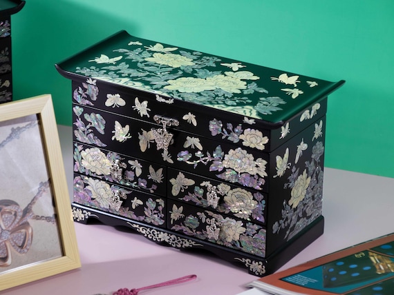 Large Matte Korean Mother of Pearl Jewelry Box: Antique, Vintage, Gothic, Black Lacquer