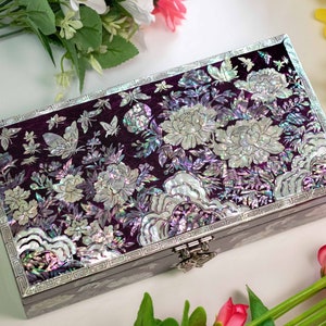 Mother of pearl purple shell jewelry Box Wooden keepsake Abalone shell wood floral jewelry box Korean gifts Boite nacre