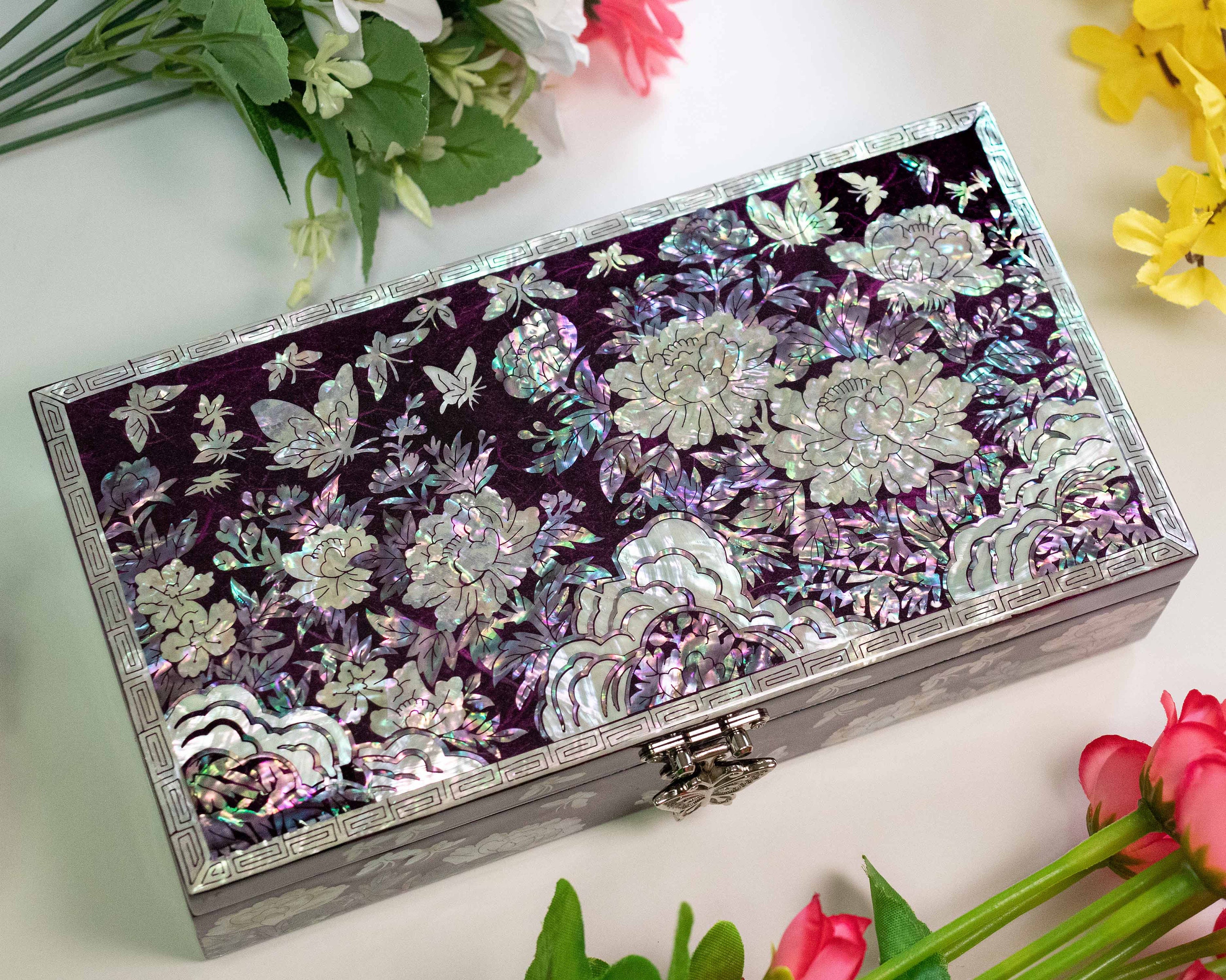 Mother of Pearl Purple Lacquer Jewelry Box Korean Wooden Inlay