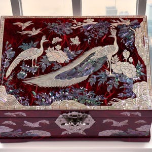 Boîte à bijoux paon en nacre rouge, rangement en bois antique, décoration vintage, cadeau coréen, coquille d'ormeau, étui à bijoux