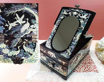 Mother of pearl Box ,Inlaid Wooden Jewelry Organizer, sliding mirror, Antique Storage , Cranes design, Valentine gift