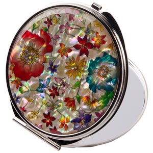 Mother of Pearl Compact Mirror: Peony Design, Magnifying, Korean Craft