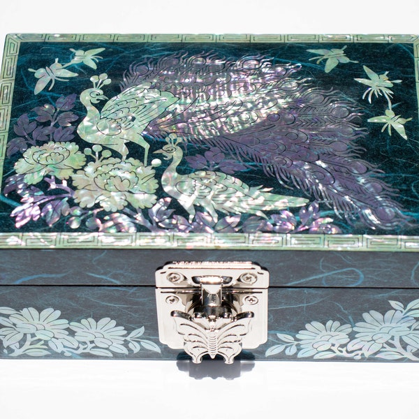Mother of Pearl box  Blue  Vintage box  Peacock decor  Wooden Trinket christmas gift Unique gift
