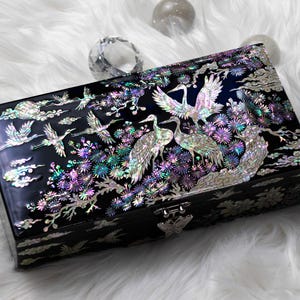 Mother of pearl Antique Korean inlay Vintage Jewelry Box Black lacquer Handcrafted Wooden Trinket Holder Home decor