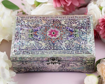 Mother of Pearl Inlay Jewelry Box: Vintage Abalone Shell Floral Keepsake