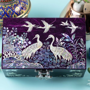 Madreperla Gioielli orientali viola Scatola intarsiata Conchiglia di abalone Contenitore in legno Regalo unico coreano per donna Boite nacre