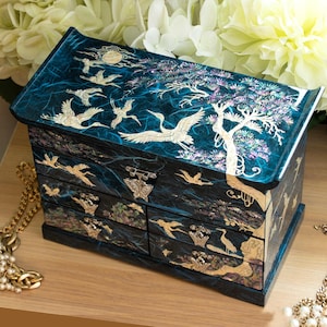 Extra Large Blue Mother of pearl tall lacquer jewelry Box with Drawers Crane and Tree Tall jewelry keepsake
