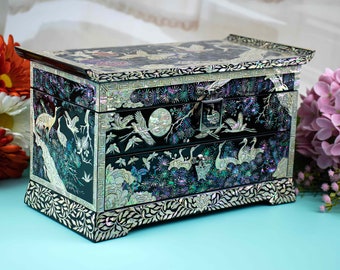 Asian inspired Mother of pearl wooden jewelry lacquer Shell box Antique Vintage Storage Treasure Chest Korean gift