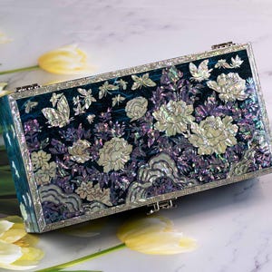 マザーオブパール ブルーシェル ジュエリーボックス 木製 記念品 木製 花柄 フラワー 韓国 アジアン ラッカー インレイ ジュエリーボックス