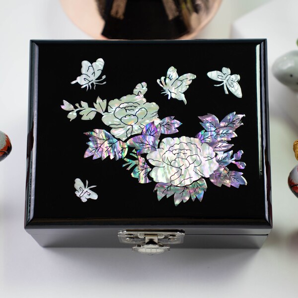 Ring bearer inlay box Mother of Pearl Vintage jewelry Watch ring box Holder Peonies flowers Handmade Birthday gift