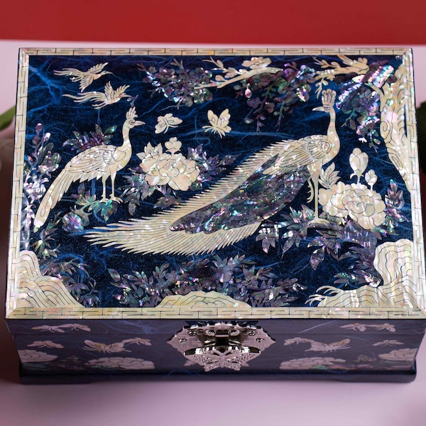 Two tier Mother of pearl Box Blue Peacock Decor Vintage case Handmade Asian gift Lacquer jewelry box Handcrafted wood