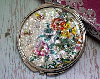 Mother of pearl Makeup purse mirror Peonies flowers Magnifying hand compact Pearl Mirror Double sided Compact Size