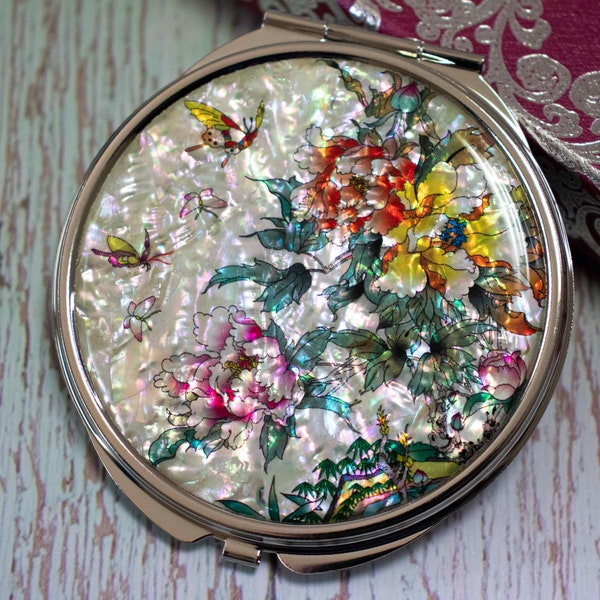 Mother of pearl Makeup purse mirror Peonies flowers Magnifying hand compact Pearl Mirror Double sided Compact Size